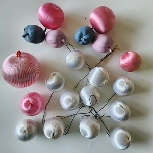Vintage Pink White Silk Christmas Ornaments Balls 70s Retro Baubles Cottage Xmas